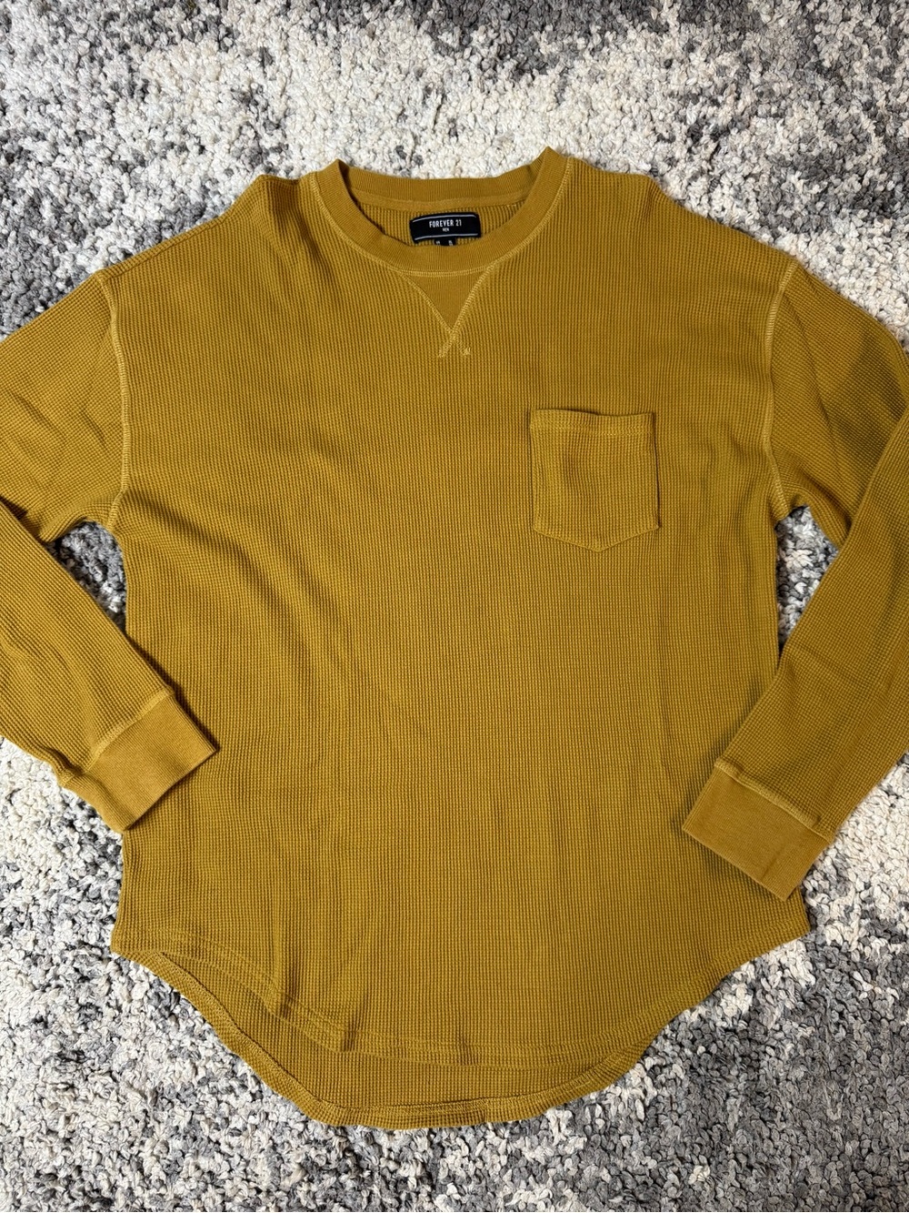 Forever 21 Men, Men’s Waffle Crewneck Long Sleeve Tshirt in Mustard Brown, XL